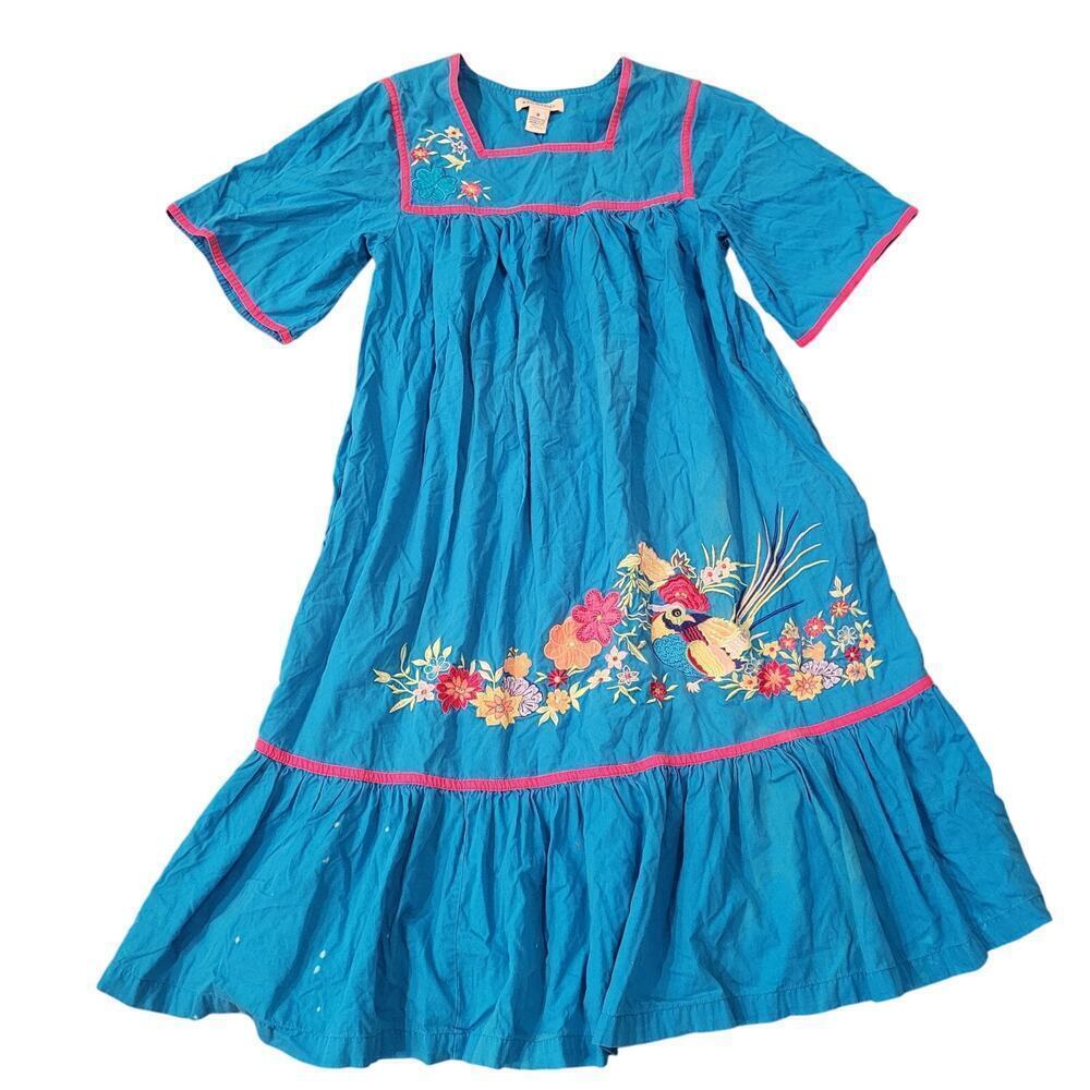 Vintage Womens Bechamel Patio (MuMu) Dress Embroidered Floral Garden Prairie